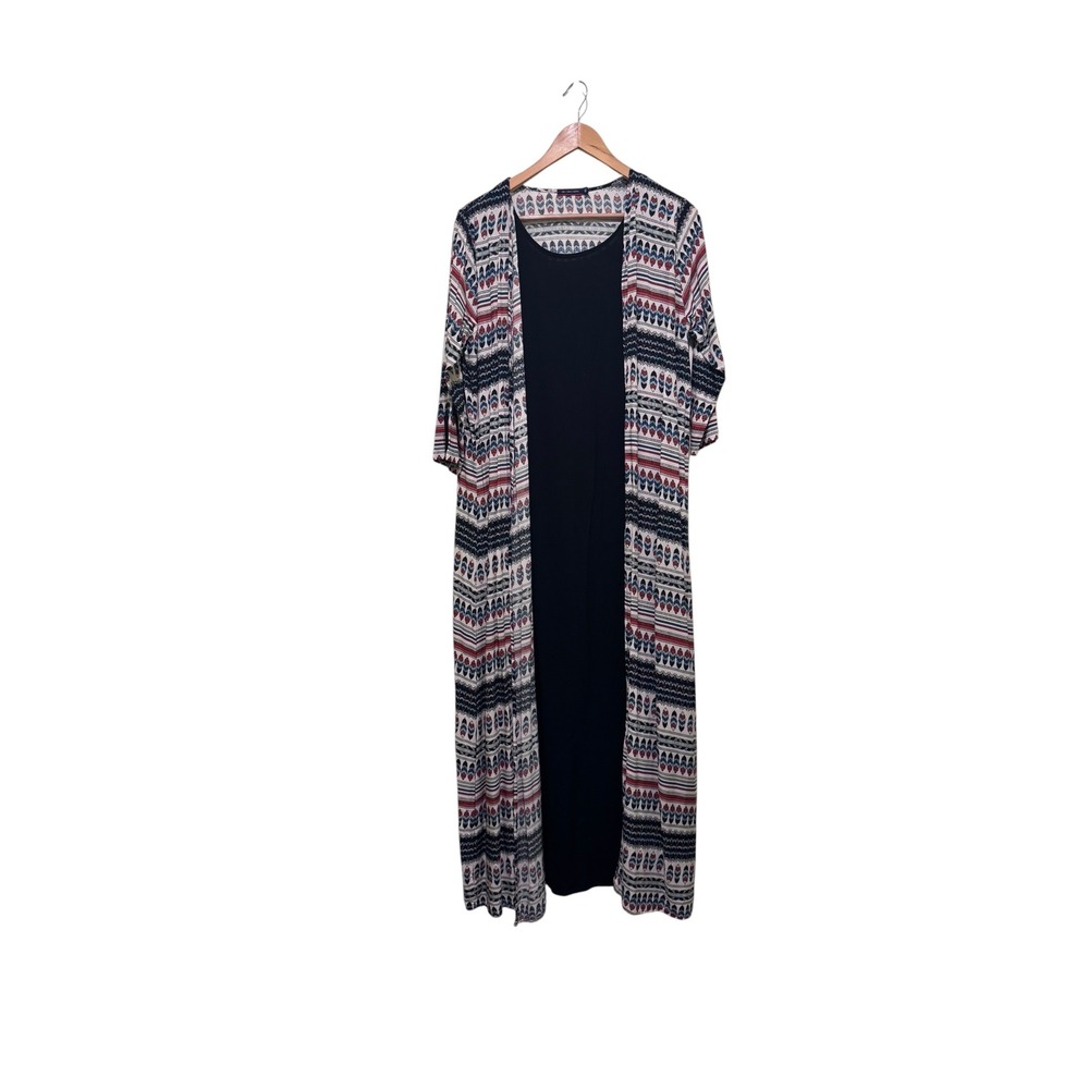 DE‎ BACKERS Women XL Boho Feather Print Layered Maxi Dress Duster Cardigan Set
